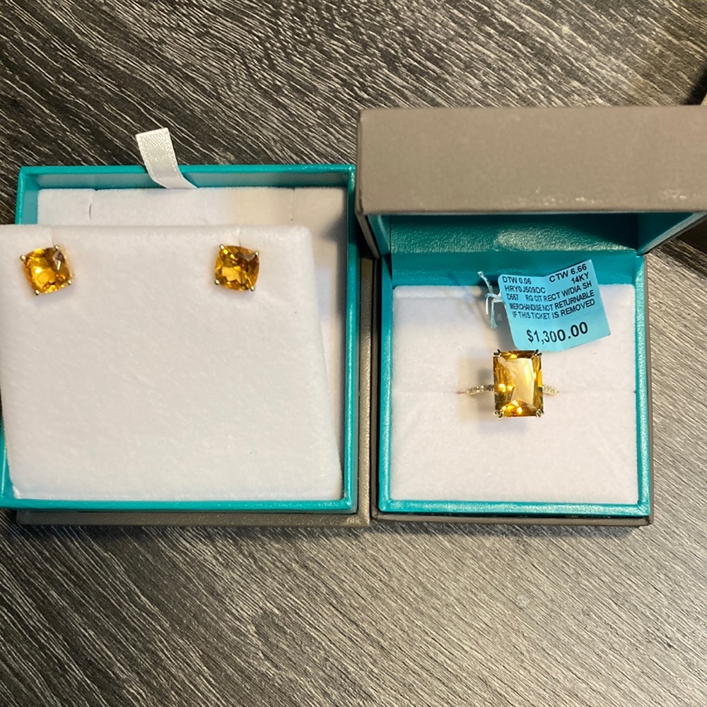 Matching citrine cushion cut ring with diamond band and earrings